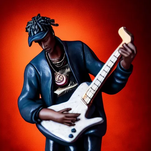 Image similar to Travis Scott playing guitar, as a figurine, studio, light, trending on artstation, 8K,