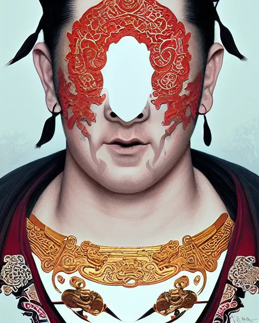 Image similar to portrait of corey taylor, upper half portrait, decorated with chinese opera motifs, asian, bian lian, traditional chinese art, intricate, elegant, highly detailed, symmetry, digital painting, artstation, concept art, smooth, sharp focus, illustration, art by artgerm and greg rutkowski and alphonse mucha, 8 k