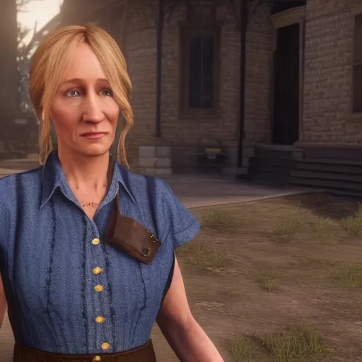 Image similar to Film still of J. K. Rowling, from Red Dead Redemption 2 (2018 video game)