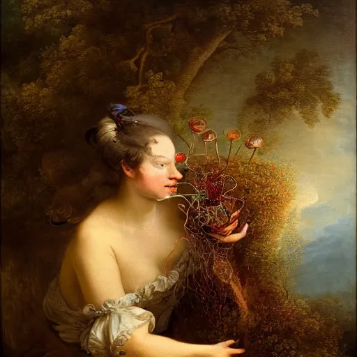 Image similar to wonderful world of carnivorous plant eating a woman, the woman has a beautiful face. photographed in high resolution, 8k, by fragonard