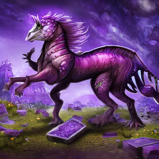 Image similar to violet fantasy crocodile horse hybrid, graveyard background, hearthstone coloring style, epic fantasy style art, fantasy epic digital art