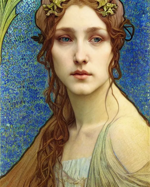 Image similar to detailed realistic beautiful young medieval queen face portrait by jean delville, alphonse mucha, vincent van gogh, and marco mazzoni, art nouveau, symbolist, visionary, gothic, pre - raphaelite
