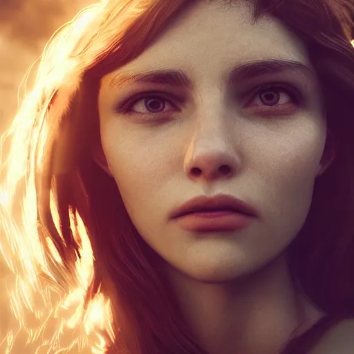 Image similar to closeup portrait art of female angel, art by alessio albi 8 k ultra realistic, angel wings, lens flare, atmosphere, glow, detailed, intricate, full of colour, led lighting, trending on artstation, 4 k, hyperrealistic, focused, extreme details, unreal engine 5, masterpiece