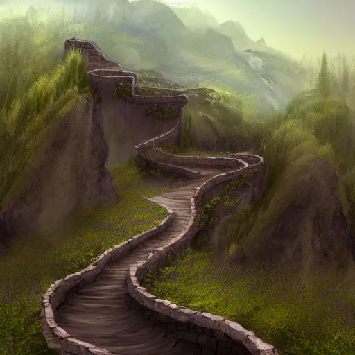 Image similar to a long winding pathway with deep cliffs on both sides, with a mysterious dark castle at the of the path, digital art, 8 k, concept art, trending on artstation