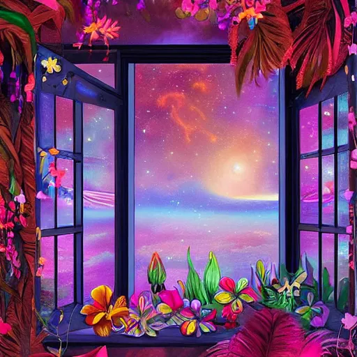 Image similar to a window full of tropical flowers, inside the window you can see the galaxy, fantasy art, trend in artstation