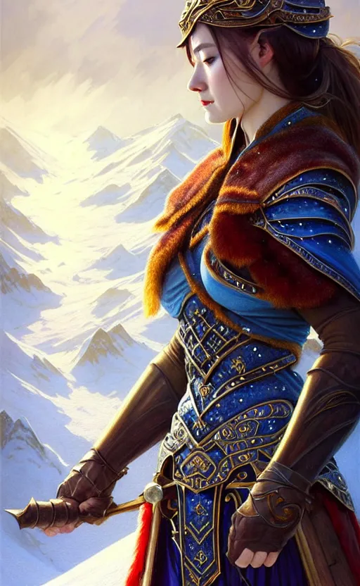 Prompt: sapphire viking warrior, regal, elegant, winter, snow, beautiful, stunning, hd, illustration, epic, d & d, fantasy, intricate, elegant, highly detailed, wide angle, digital painting, artstation, concept art, smooth, sharp focus, illustration, wallpaper, art by artgerm and greg rutkowski and alphonse mucha and jin xiaodi