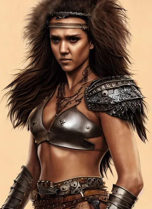 Image similar to jessica alba as a barbarian warrior, legendary warrior, tattoos, piercings, fur and leather armor, beautiful, sharp detail, realistically detailed shading, 8 k, hyper realistic art, photo realism, robin eley, artstation, realistic oil painting