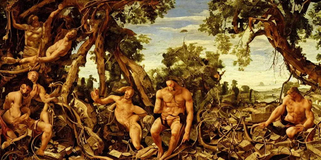 Prompt: archeologist discovering an ancient golden relic amongst a pile of rubble and vines, renaissance oil painting