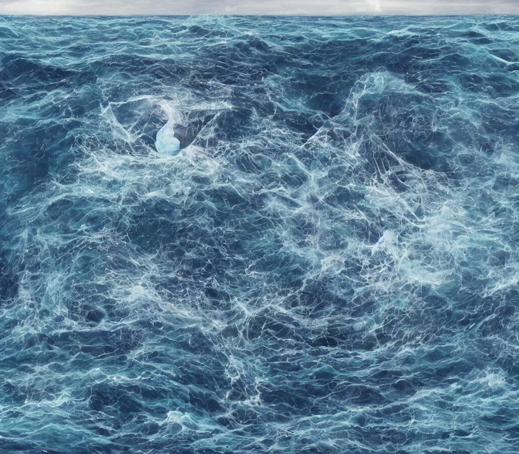 Prompt: a cube in the middle of the ocean with images of a tumultuous sea on its sides. In the style of Leda de piart