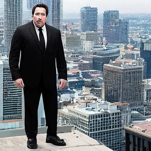 Image similar to Clean-shaven Jon Favreau as Happy Hogan wearing a black suit and black necktie and black dress shoes is climbing up a tall building in an urban city.