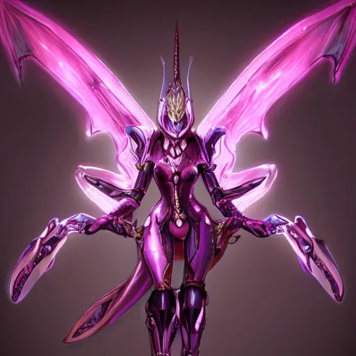 Image similar to highly detailed exquisite fanart, of a beautiful female warframe, but as an anthropomorphic elegant robot female dragoness, glowing eyes, shiny and smooth off-white plated armor, bright Fuchsia skin beneath the armor, sharp claws, robot dragon four fingered hands, and robot dragon three clawed feet, royal elegant pose, full body and head shot, epic cinematic shot, professional digital art, high end digital art, singular, realistic, DeviantArt, artstation, Furaffinity, 8k HD render, epic lighting, depth of field