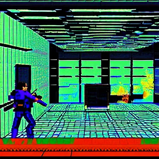 Prompt: a screen still of perfect dark ( 2 0 0 0 ) in the color scheme of a zx spectrum game