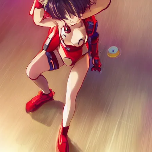 Image similar to digital anime art, wlop, rossdraws, sakimimichan, > > very small cute girl < < standing on a large wooden table, red mech arms + red mech legs,