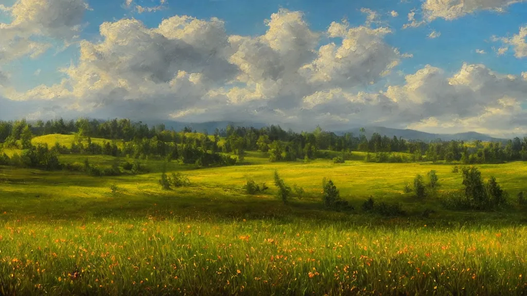 Prompt: the most beautiful panoramic landscape, oil painting, meadow with trees starting to bloom, leaves falling, cinematic lighting, highly detailed, very realistic