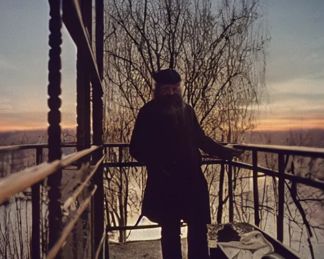 Image similar to award - winning lomographic tarkovsky film still of 4 0 years russian man with beard and sweater standing on small hrushevka 9 th floor balcony in taiga looking at sunset, cinestill, bokeh