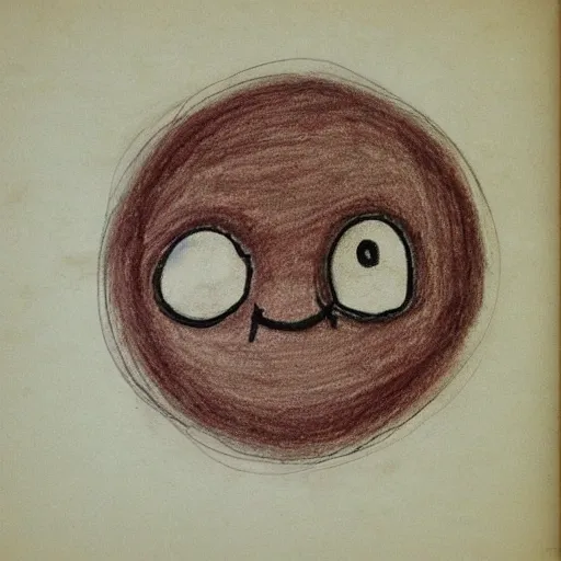 Image similar to primitive drawing of smiling circle face with red eyes thumb up. Сhild drawing picture