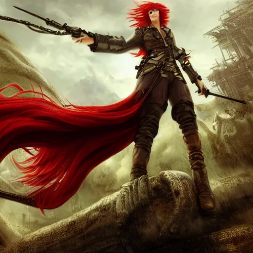 Image similar to sky-pirate with long red hair standing in front of an airship, realistic, ultra detailed, menacing, powerful, dark, shallow focus, forest, mountains in the background concept art design as if designed by Wētā Workshop