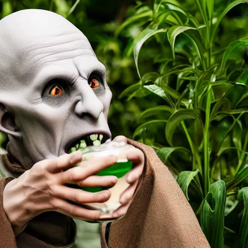 Image similar to portrait of nosferatu giving water to plants in the garden, realistic detailed photography, 5 0 mm lens