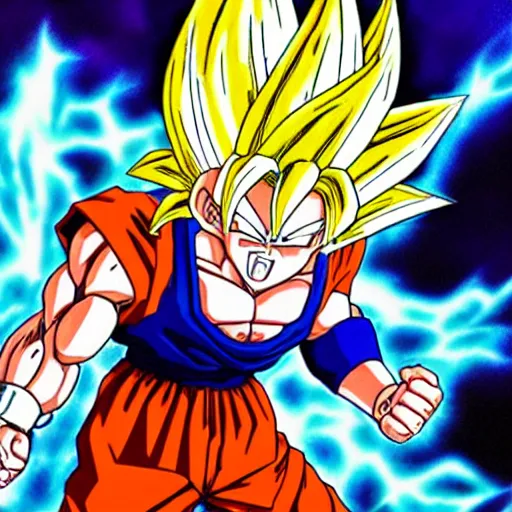 Image similar to goku powering up super saiyan 2 on toilet illustrated by akira toriyama