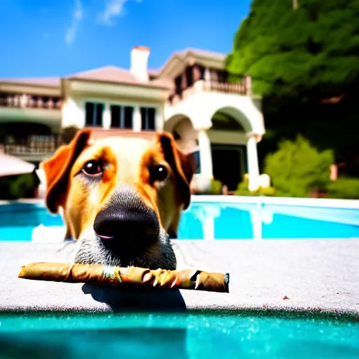 Image similar to a very detailed photo of a dog smoking a cigar outside the mansion by the pool