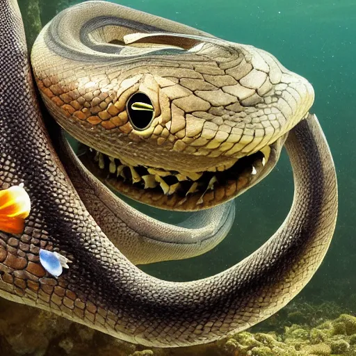 Prompt: a giant snake is coiled around a massive fish, its jaws open wide to take in its prey. both snake and fish are encased in ice