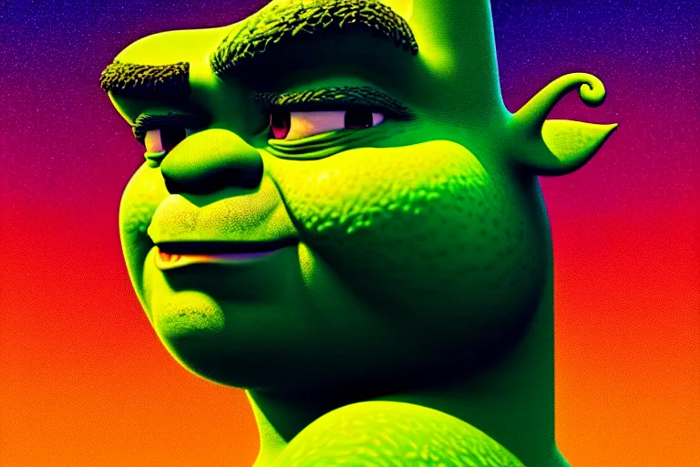 Image similar to ( ( dither ) ), editorial pixel art portrait of an angled 2 d shrek, modern art deco, ( ( mads berg ) ), christopher balaskas, victo ngai, rich grainy texture, detailed, dynamic composition, detailed pixel artwork, full og shrek, wide angle, matte print, art nouveau, unreal engine