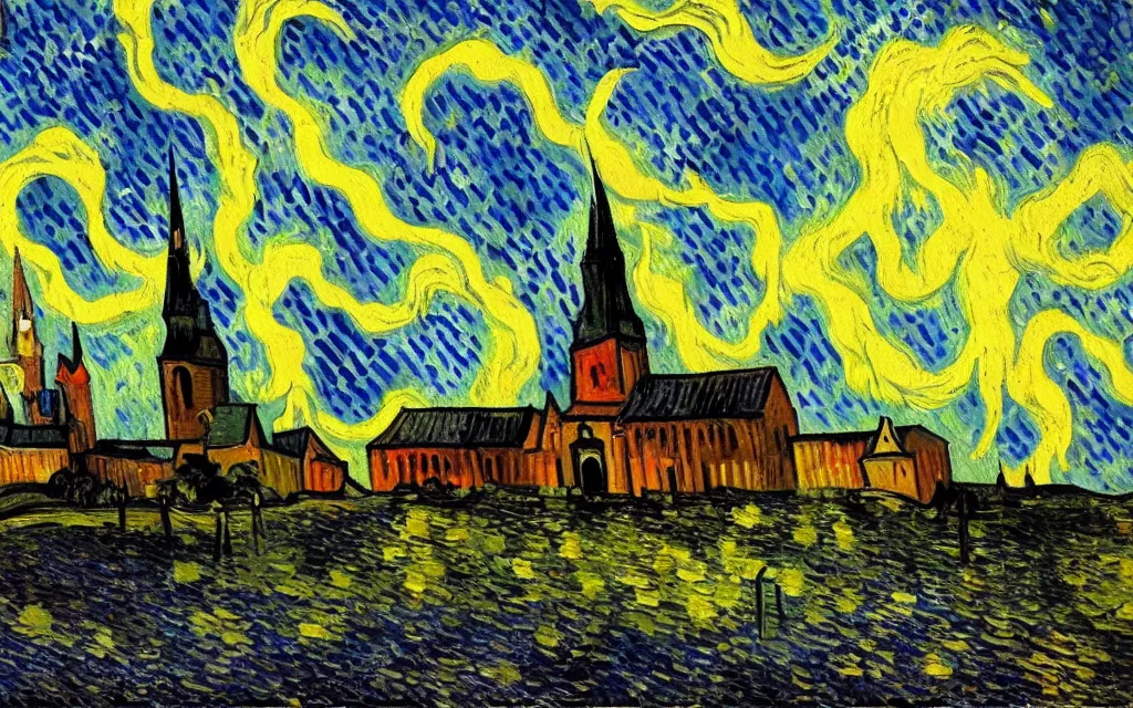 Image similar to expressionist oil painting by van gogh of lightning storm over a tall gothic church, landscape painting, expressionism, 8 k resolution detailed art, small brushstrokes, watercolor palette