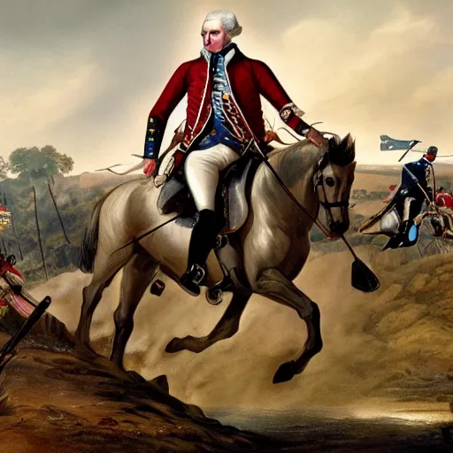 Image similar to George Washington rides a motorcycle to attack the British army in the revolutionary war, epic, cinematic, concept Art, detailed, 4K