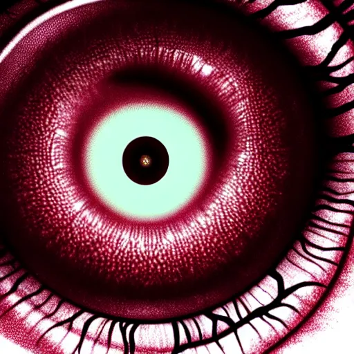 Image similar to a detailed extremely close up of inside the iris, cornea, red image, microscopic, extremely close up drawing by junji ito, cgsociety, generative art, lovecraftian, parallax, cosmic horror, extremely detailed, hyperrealism, unreal engine, octane render, award winning, masterpiece, highly detailed, realistic, 4 k, digital