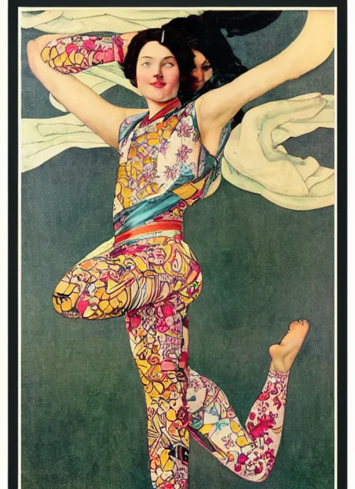 Image similar to an art nouveau painting poster of a girl doing yoga with a futuristic kimono and leggins by norman rockwell