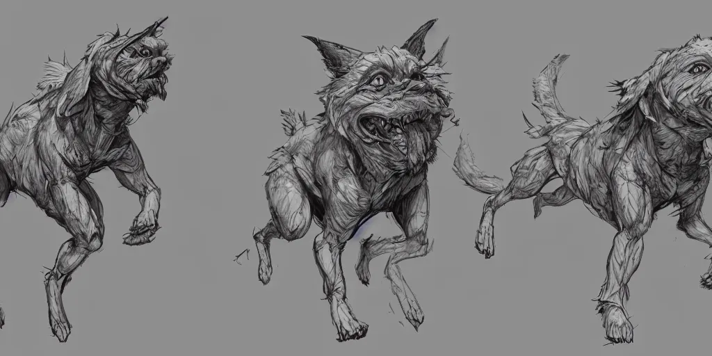 Prompt: cartoonish dog running, character sheet, fine details, concept design, contrast, kim jung gi, greg rutkowski, trending on artstation, 8 k, full body, turnaround, front view, back view, ultra wide angle