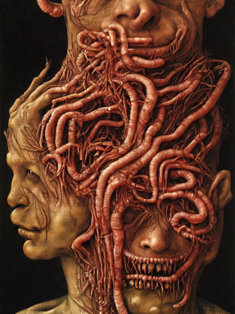 Prompt: a boy made of worms, looking straight into camera, by giuseppe arcimboldo and ambrosius benson, renaissance, a touch of beksinski and hr giger and edward munch, realistic