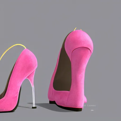 Prompt: pink suede pumps shoes with slim heels and pointed toes with a happy mickey mouse depicted on it, photorealistic, transluscent, glass, beautiful, architecture, product design, clean, highly detailed, 8 k, ornate detail