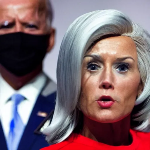 Image similar to photograph of a an alien, gray alien, wearing a blond wig and a red dress and ((Joe Biden)) at a press conference, highly detailed, 4K