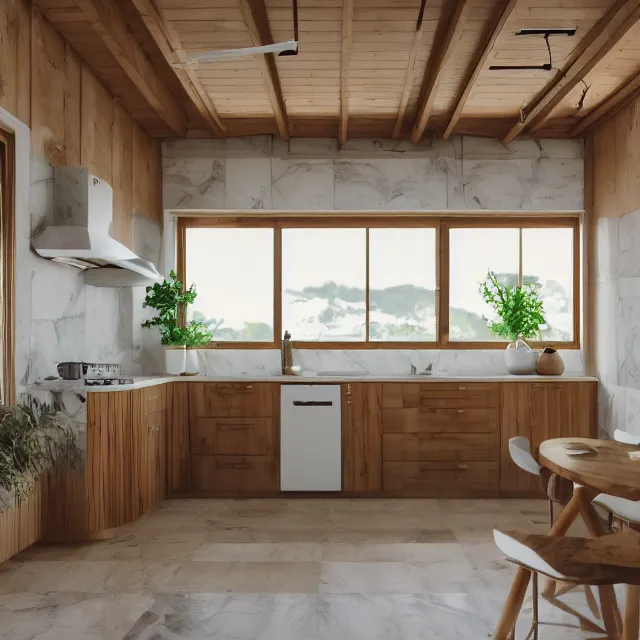 Image similar to kitchen interior in a wooden a frame cabin, yellow cabinets and white walls, vintage fridge, large window in back with ocean scenery, marble countertops, leather couch, realistic, unreal engine render, octane render, hyper realistic, photo, 8 k