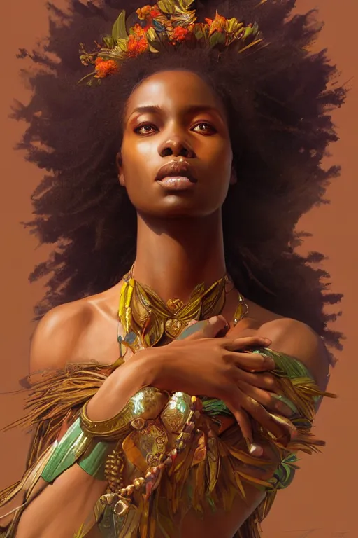 Image similar to african goddess of nature, accurate anatomy, only two hands, highly detailed, digital painting, artstation, concept art, smooth, sharp focus, illustration, Unreal Engine 5, 8K, art by Ross Tran and greg rutkowski and alphonse Mucha