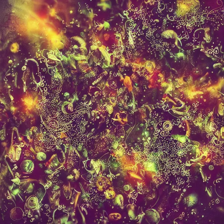 Image similar to double exposure of dally life, symbols of live, explosion, different sprouts and microgreens on mushrooms, cyber mushroom city, mushroom matrix, love is the most relevant theme, 8 k resolution, artistic mode, artistic, trending on instagram, long exposure, love art, serious, fantasy and dreams vibes, mushrooms style and macro style, spring vibes in twilight or sunset lights