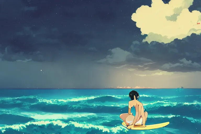 Prompt: anime woman sitting on surf board, tropical island, night time, storm in distance, wide angle, by studio ghibli, yuumei, anime, hazy, foggy, ambient lighting, cottagecore,