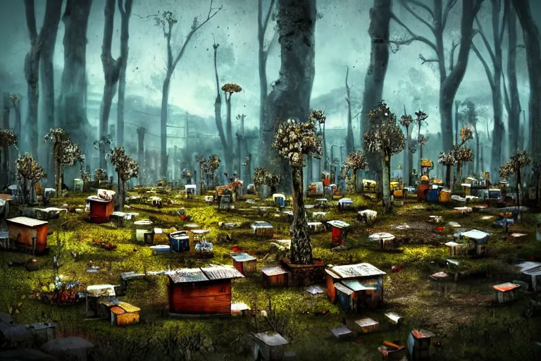 Image similar to simplicity, favela graveyard honeybee hive, fungal forest environment, industrial factory, cheerful, award winning art, epic dreamlike fantasy landscape, ultra realistic,