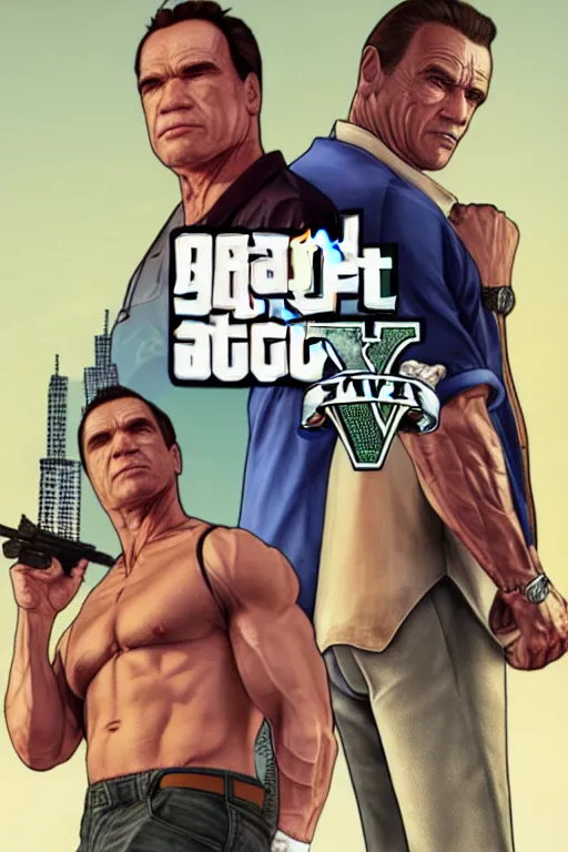 Prompt: GTA V cover art starring arnold schwarzenegger