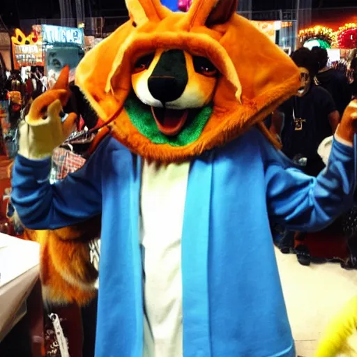 Prompt: snoop dog wearing a fox fursuit without the mask at a furry convention, indoor convention vendors