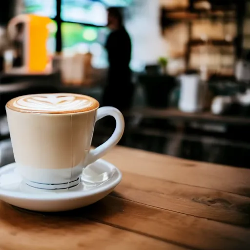 Image similar to a cup of latte in a toilet - shaped mug, fresh bakeries in the background, in a bright cafe, 3 5 mm, f 1. 8