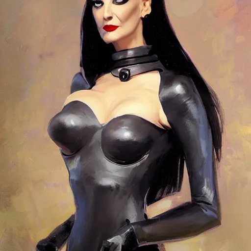 Image similar to greg manchess portrait painting of partially armored morticia from addams family as overwatch character, medium shot, asymmetrical, profile picture, organic painting, sunny day, matte painting, bold shapes, hard edges, street art, trending on artstation, by huang guangjian and gil elvgren and greg rutkowski