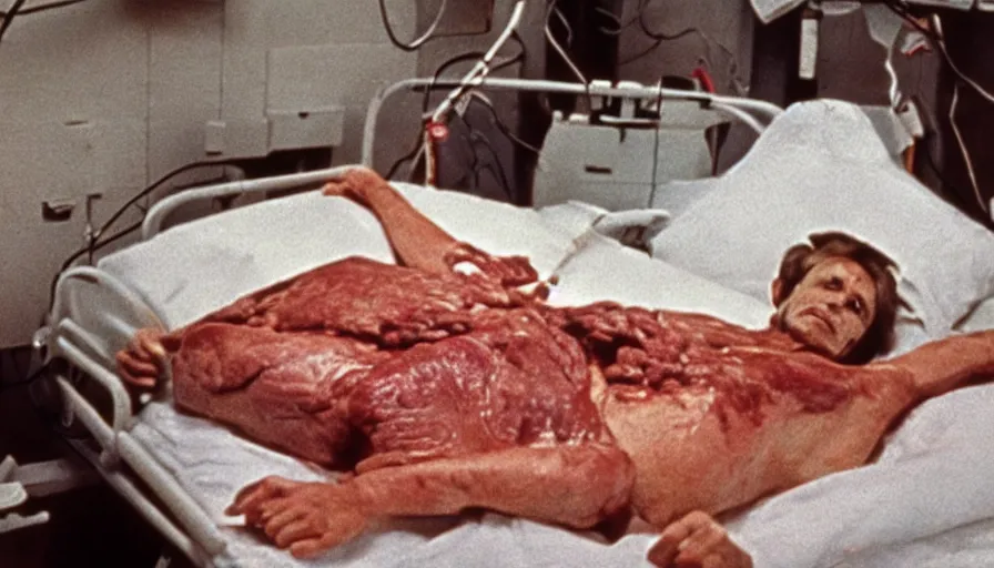 Image similar to 70s movie still of a ill skinny meat man in hospital, eastmancolor, heavy grain, high quality, higly detailed, liminal space