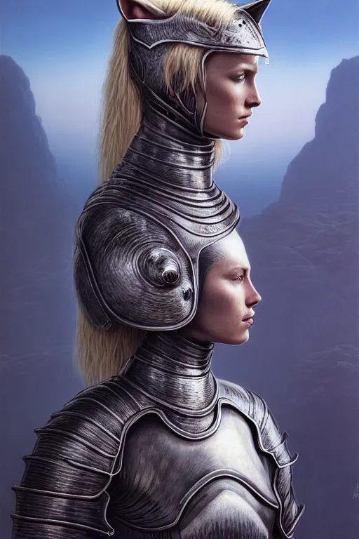 Prompt: female knight with cat on her head in the wild nature, armor design by wayne barlowe, blonde hair, symmetry, sci - fi, dark fantasy, perfect light and composition, 4 k, ultra hd, sense of awe, highly detailed, realistic, intricate