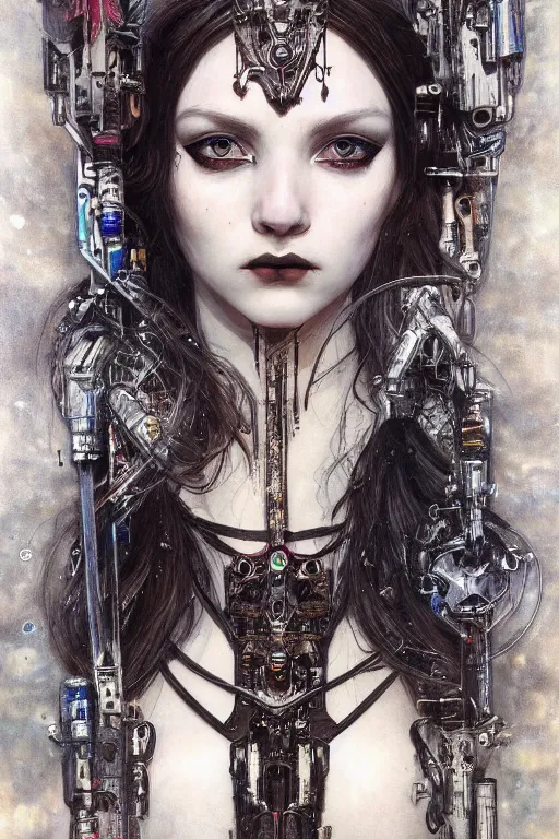 Image similar to portrait of beautiful young gothic maiden, cyberpunk, Warhammer, highly detailed, artstation, illustration, art by Gustav Klimt