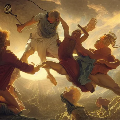 Image similar to isaac newton and leibniz fighting over calculus, detailed, centered, digital painting, artstation, concept art, donato giancola, joseph christian leyendecker, wlop, boris vallejo, breathtaking, 8 k resolution, extremely detailed, beautiful, establishing shot, artistic, hyperrealistic, octane render, cinematic lighting, dramatic lighting,