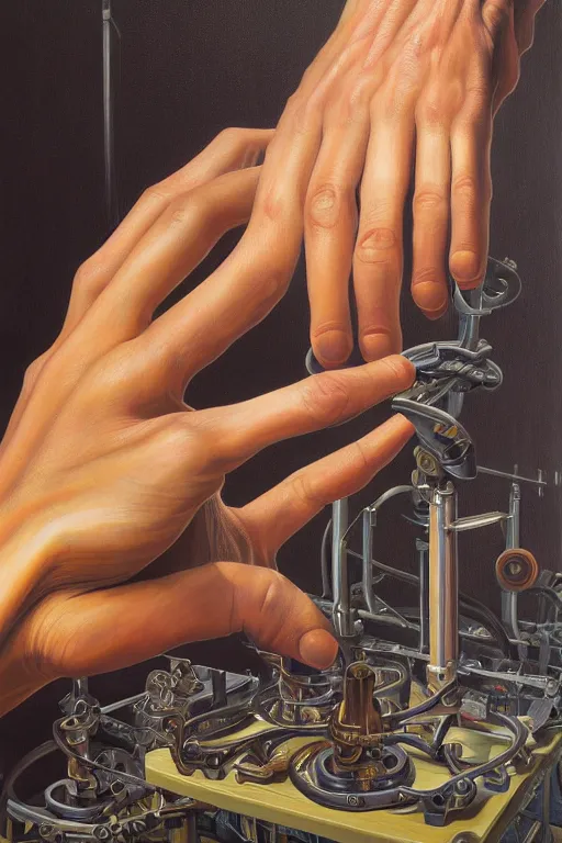 Prompt: beautiful oil painting of biomechanical hand reaching to face connected to the machine by casey weldon, wayne thiebaud, wayne barlowe, rembrandt, complex, stunning, realistic skin color, 4 k, high res, awardwinning, masterpiece, realistic lighting