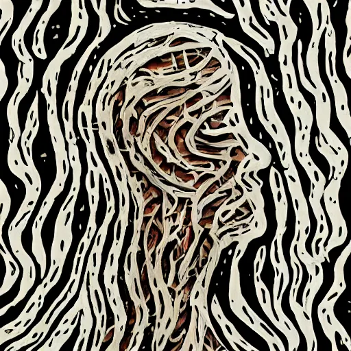 Image similar to face shredded like paper news, dark, surreal, illustration, by ally burke