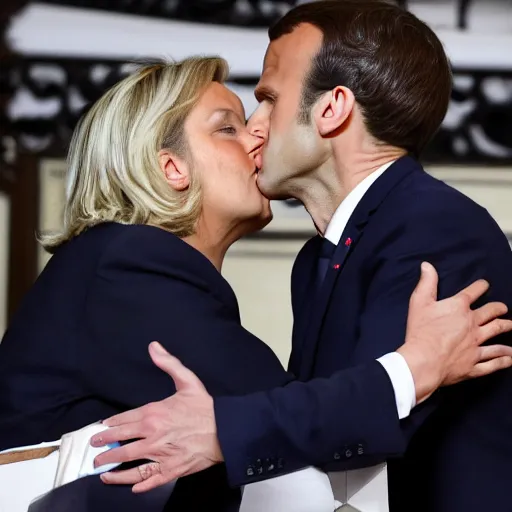 Image similar to emmanuel macron kissing Marine Lepen